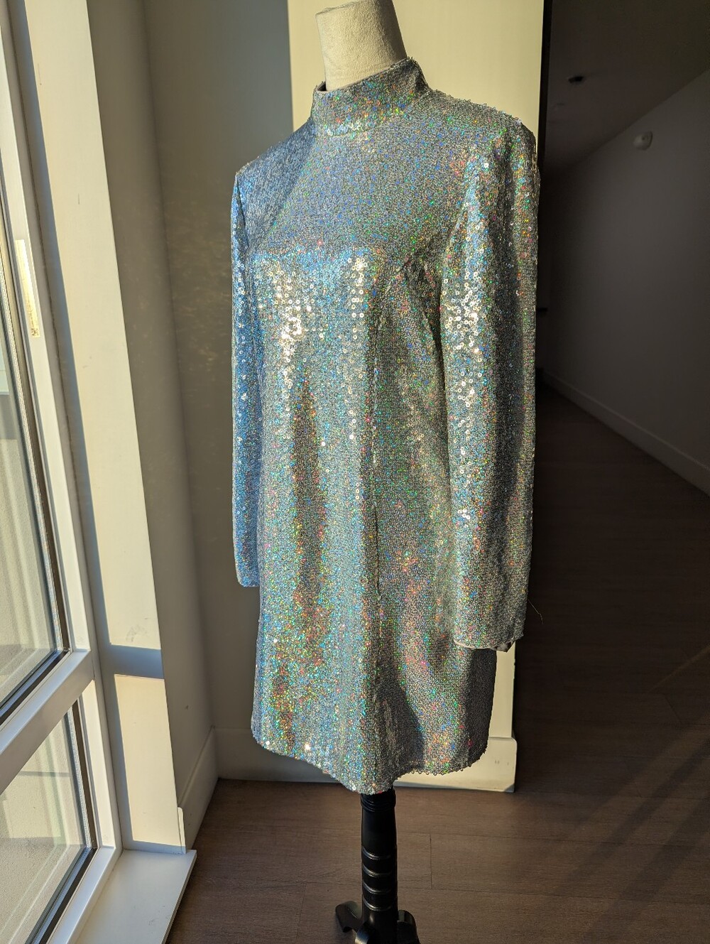 Silver Holographic Sequin Long Sleeve Mini Dress